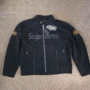 Supreme Black Bomber Jacket with Yellow Sleeve Patches